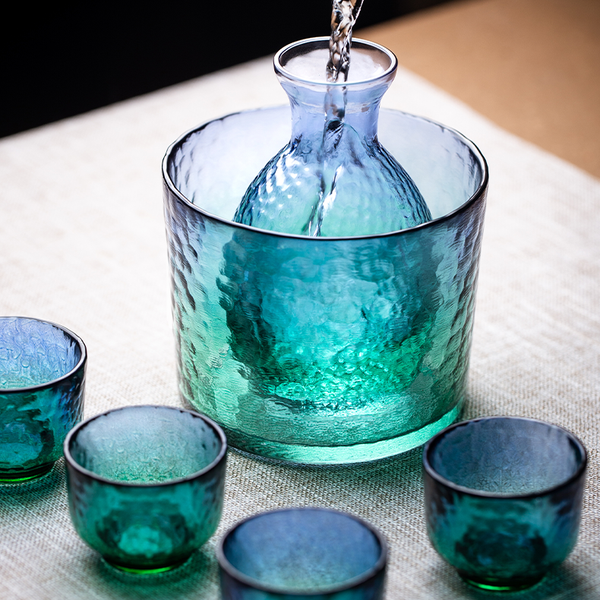 Peacock Blue Coral Sea Sake Glass Carafe Set