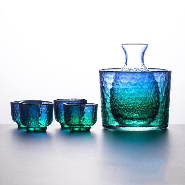 Peacock Blue Coral Sea Sake Glass Carafe Set